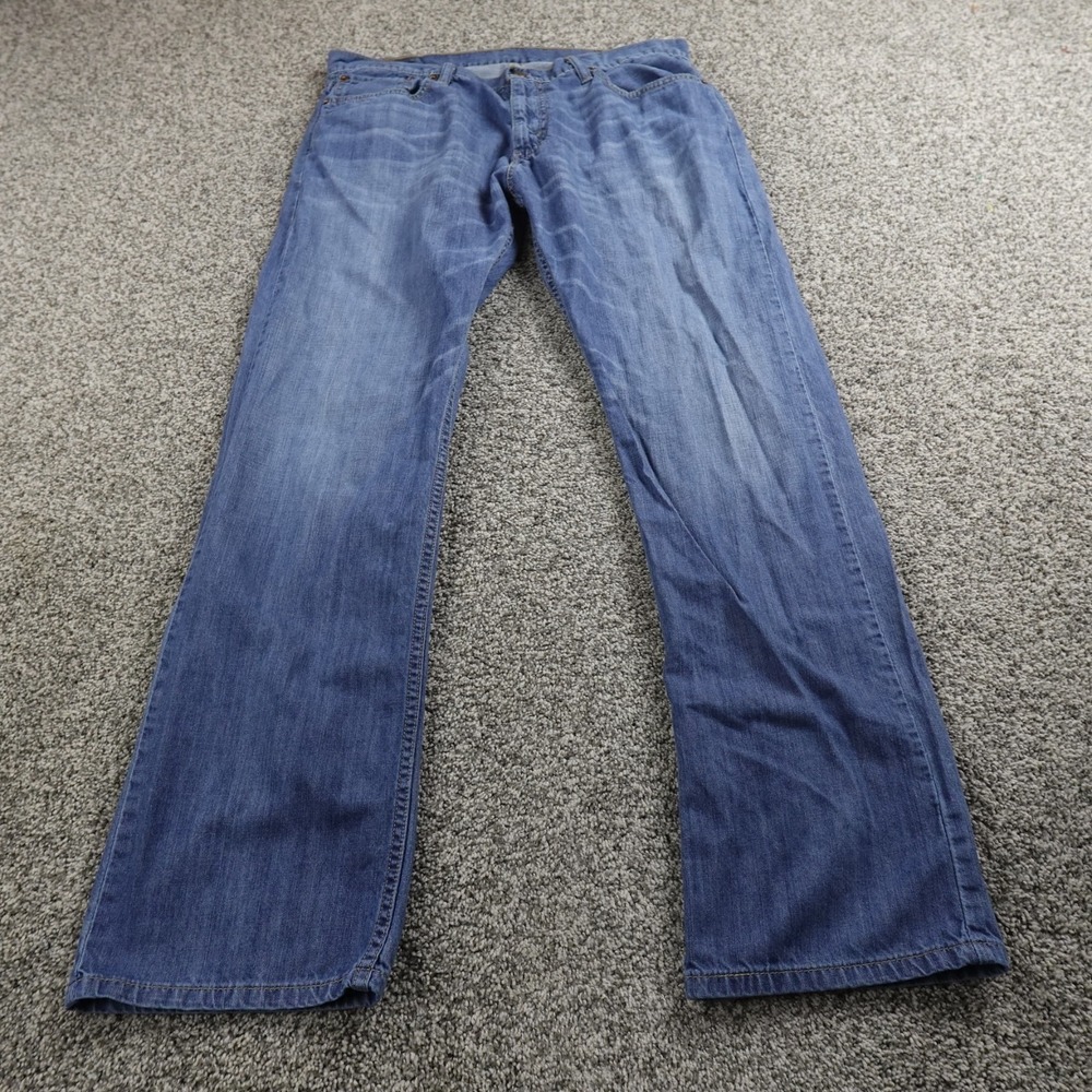 Levis Jeans Mens 36X32 Dark Blue Denim Pants 514 Slim Straight Faded Whiskered